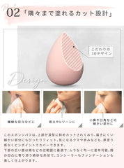 斜めカットされたスポンジパフの3Dデザインと、使用例