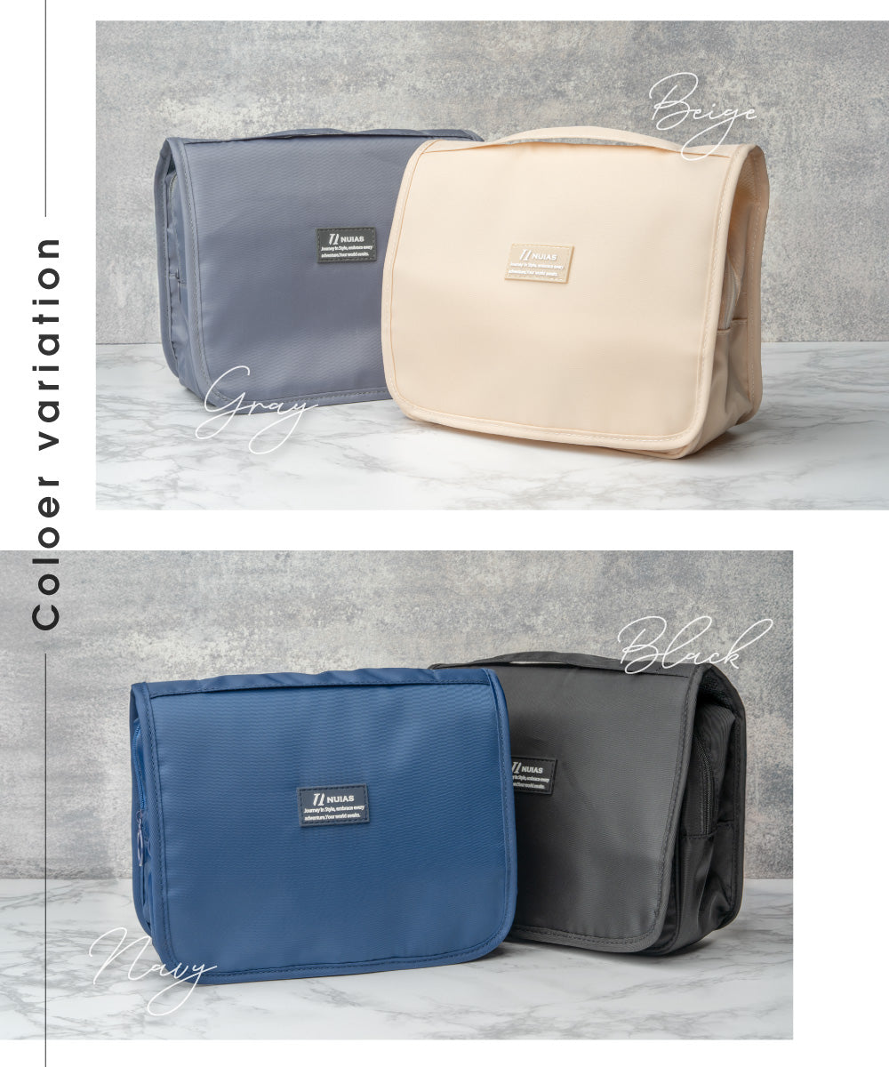 4色展開のNUIASトラベルポーチ｜ベージュ・グレー・ネイビー・ブラック