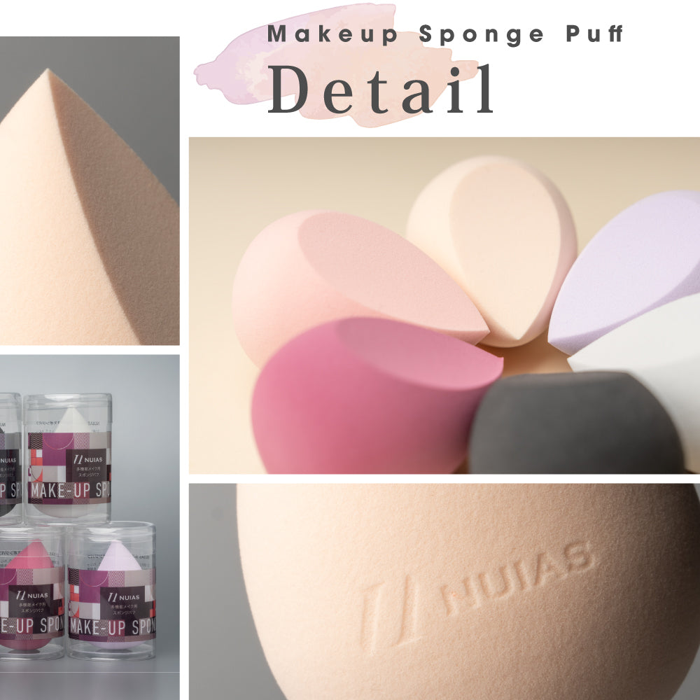パステルカラーのスポンジパフの形状や質感を示すクローズアップ